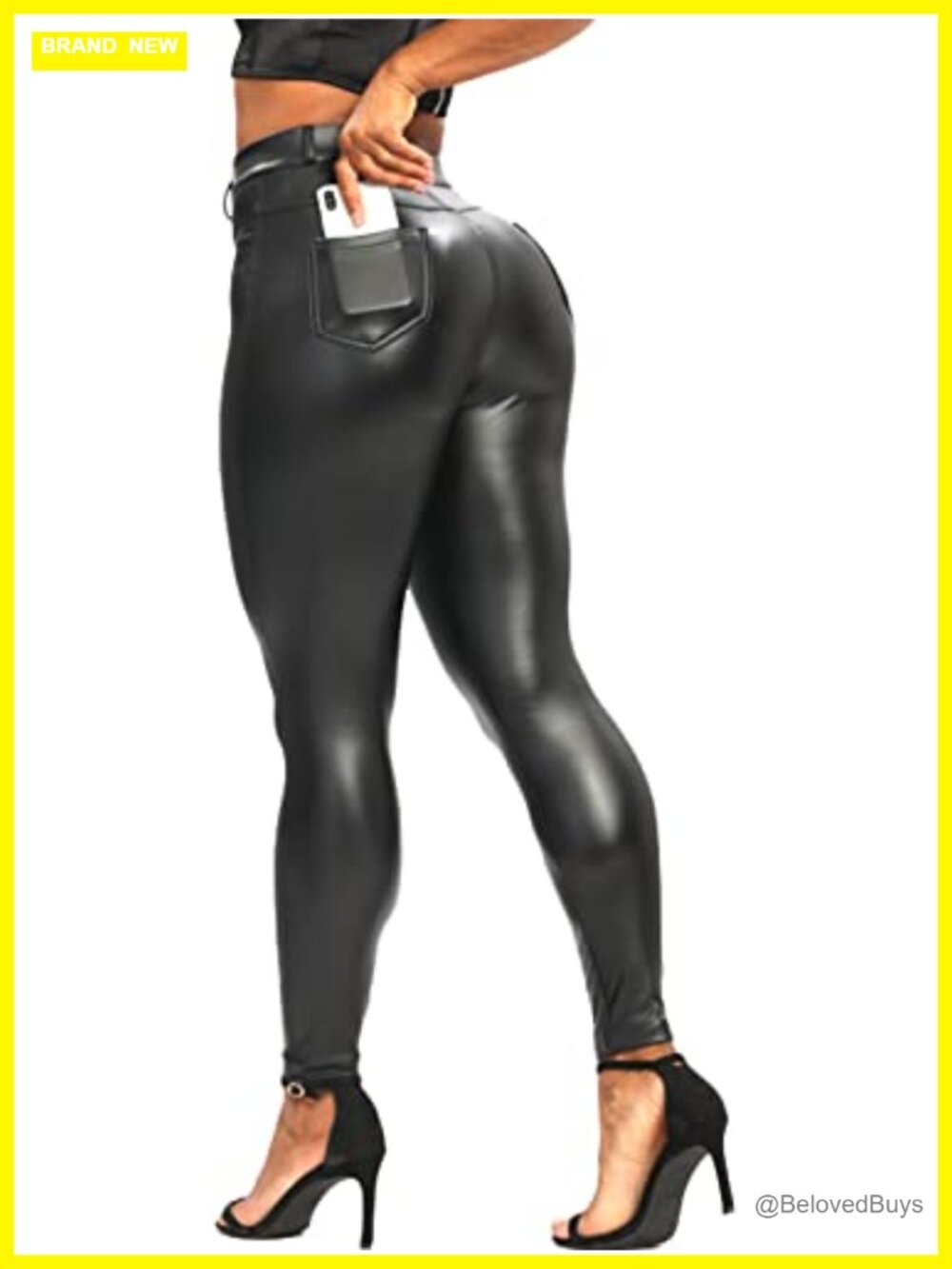 Faux Leather Leggings High Waisted Fleece Lined Pockets 4-Way Stretch